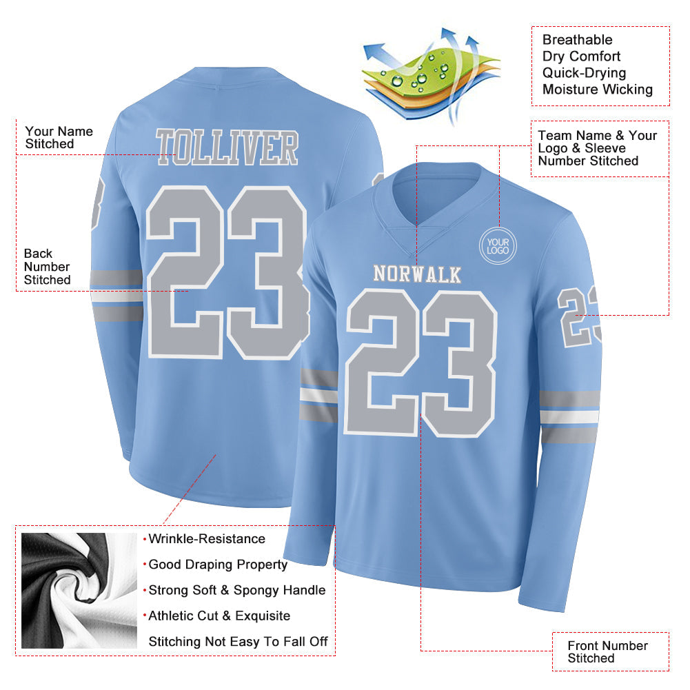 Custom Light Blue Gray-White Long Sleeve Authentic Football Jersey Limited