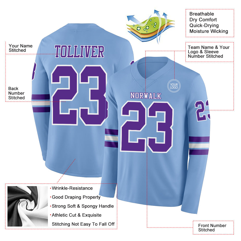 Custom Light Blue Purple-White Long Sleeve Authentic Football Jersey Limited