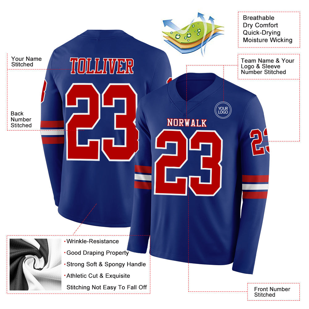 Custom Royal Red-White Long Sleeve Authentic Football Jersey Limited