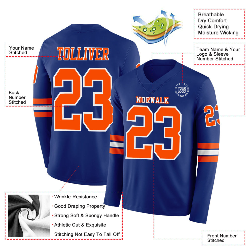 Custom Royal Orange-White Long Sleeve Authentic Football Jersey Limited