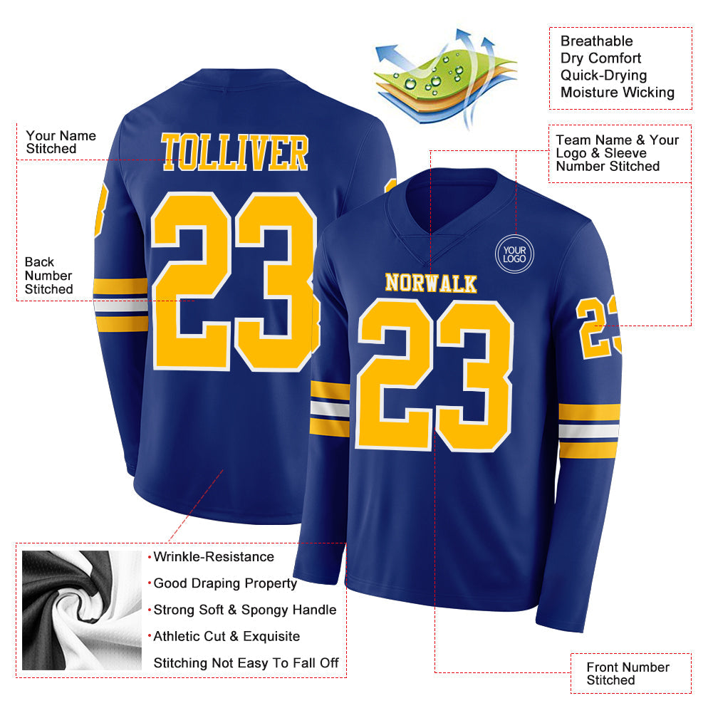 Custom Royal Gold-White Long Sleeve Authentic Football Jersey Limited
