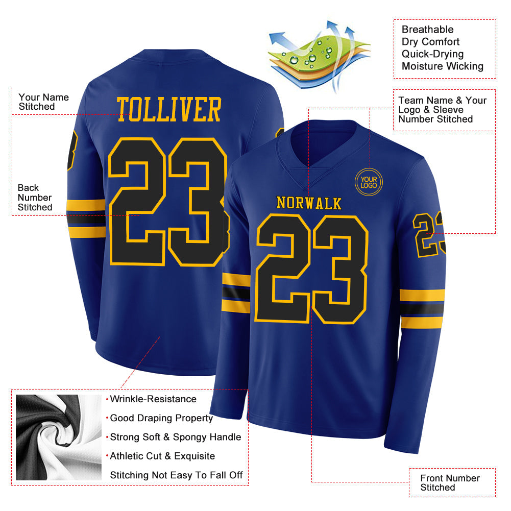 Custom Royal Black-Gold Long Sleeve Authentic Football Jersey Limited