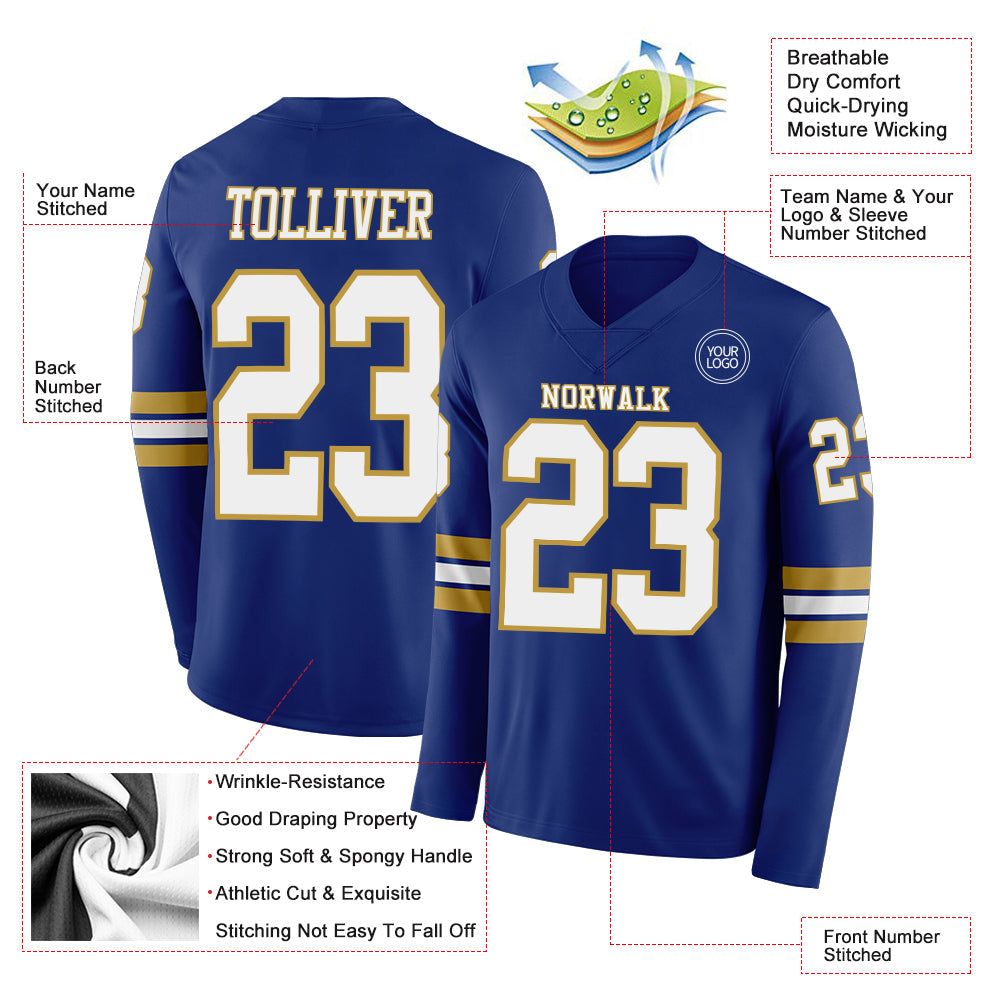 Custom Royal White-Old Gold Long Sleeve Authentic Football Jersey Limited