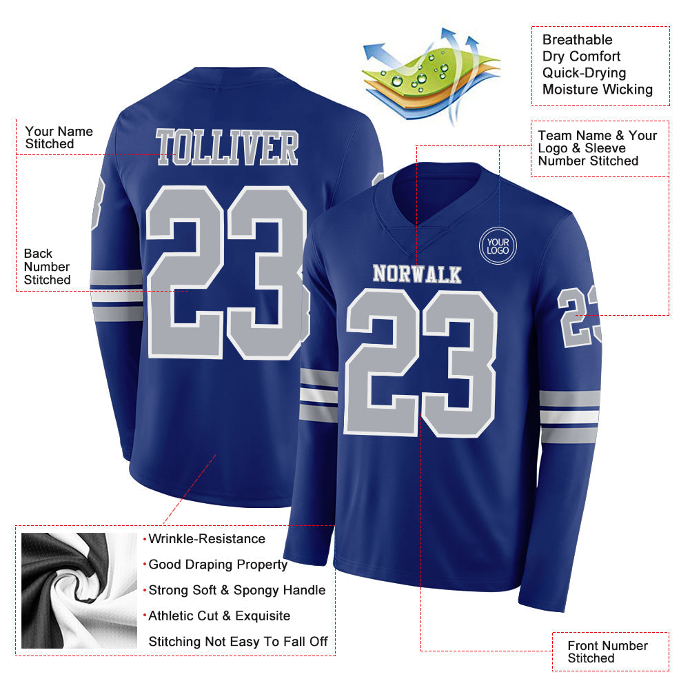 Custom Royal Gray-White Long Sleeve Authentic Football Jersey Limited