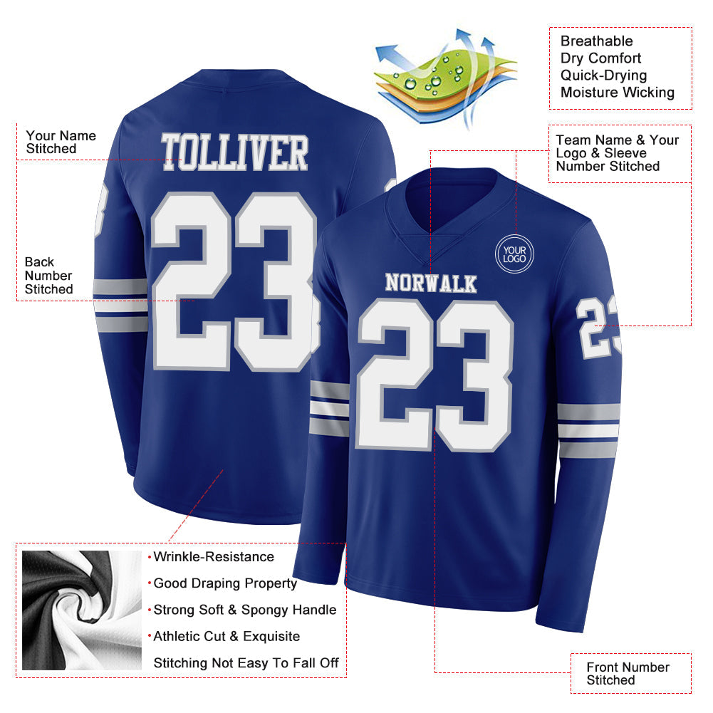 Custom Royal White-Gray Long Sleeve Authentic Football Jersey Limited