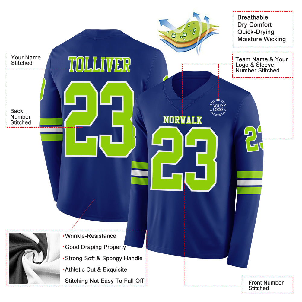 Custom Royal Neon Green-White Long Sleeve Authentic Football Jersey Limited