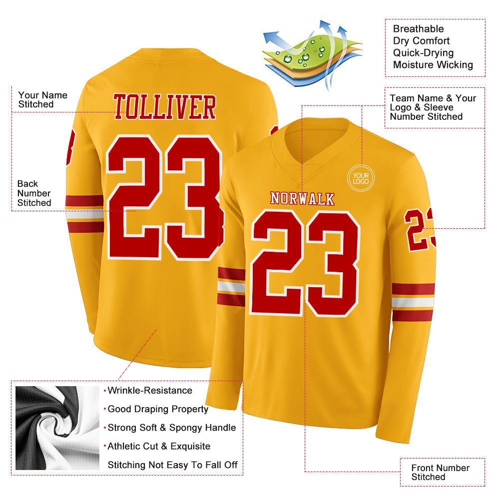 Custom Gold Red-White Long Sleeve Authentic Football Jersey Limited