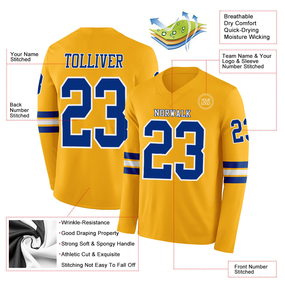 Custom Gold Royal-White Long Sleeve Authentic Football Jersey Limited