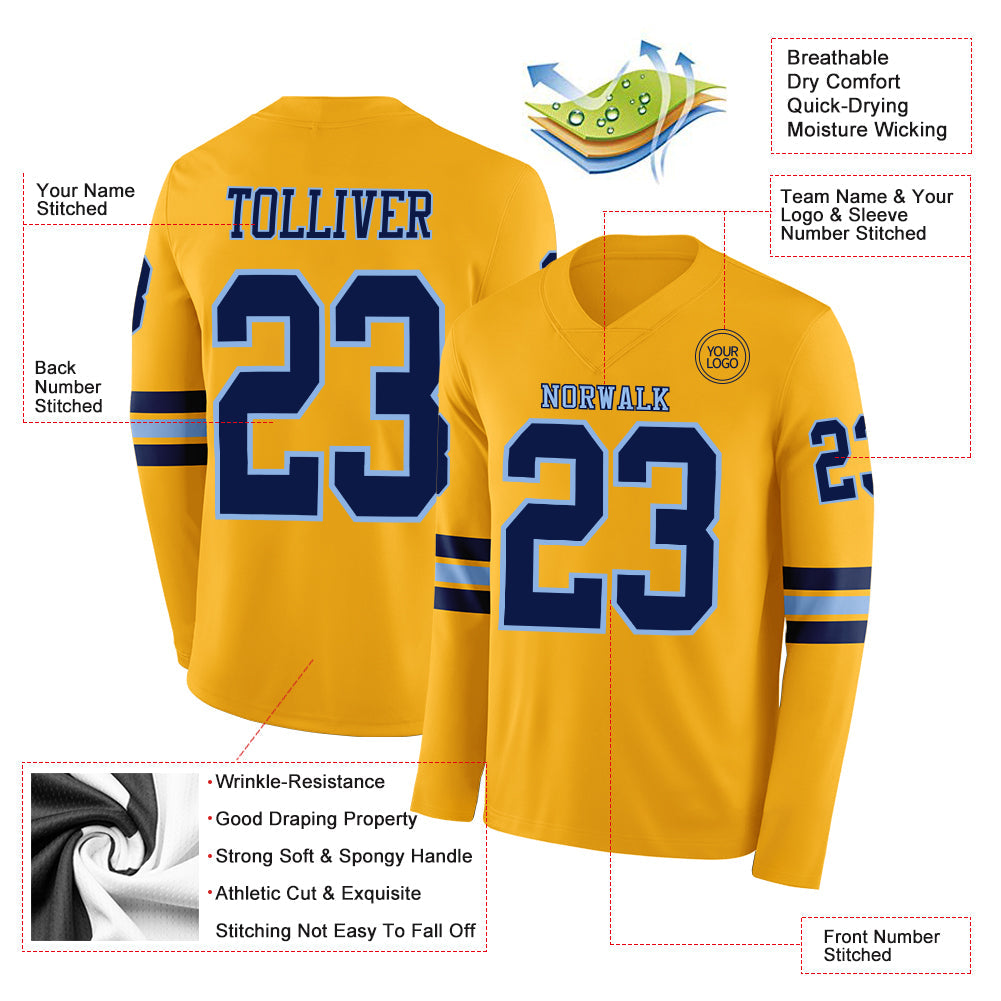 Custom Gold Navy-Light Blue Long Sleeve Authentic Football Jersey Limited
