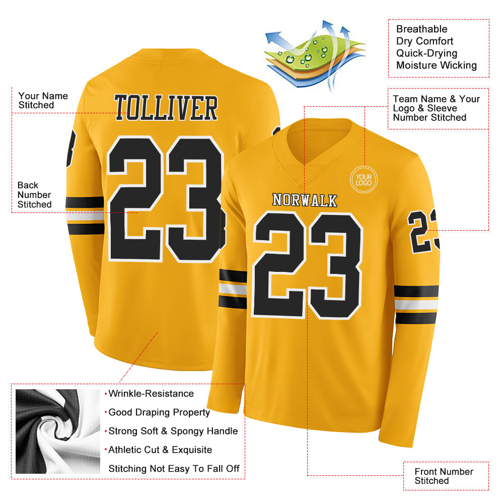 Custom Gold Black-White Long Sleeve Authentic Football Jersey Limited
