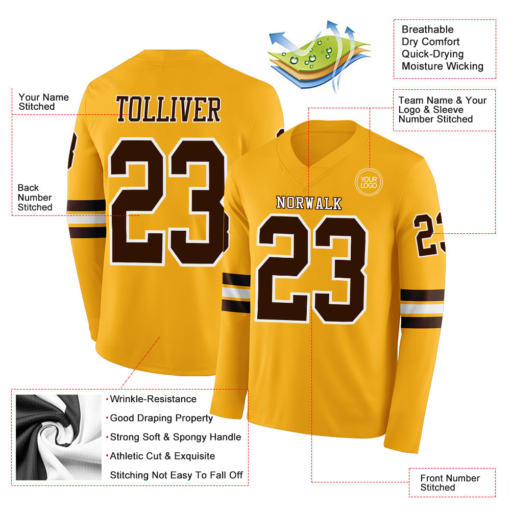 Custom Gold Brown-White Long Sleeve Authentic Football Jersey Limited
