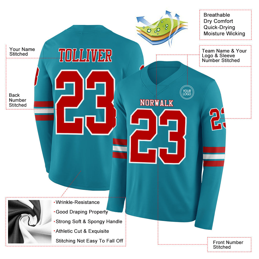 Custom Teal Red-White Long Sleeve Authentic Football Jersey Limited