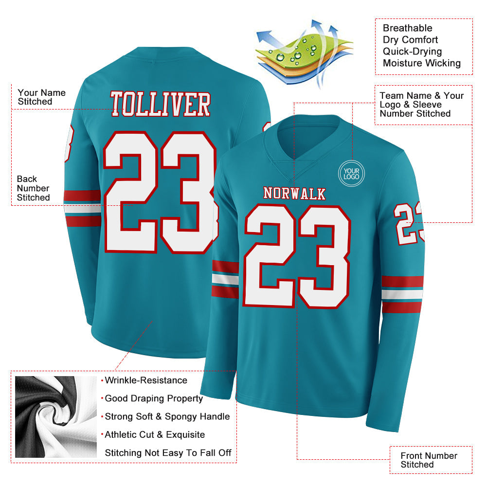 Custom Teal White-Red Long Sleeve Authentic Football Jersey Limited