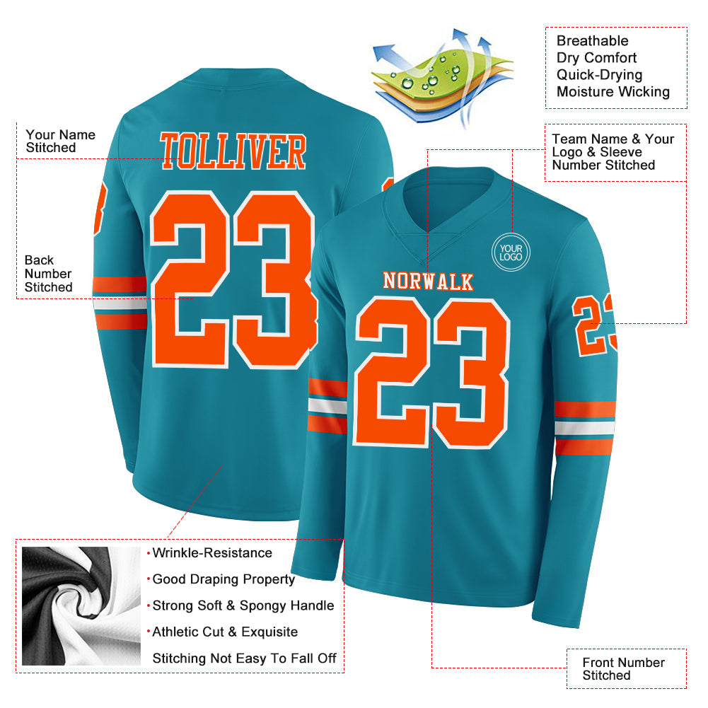 Custom Teal Orange-White Long Sleeve Authentic Football Jersey Limited