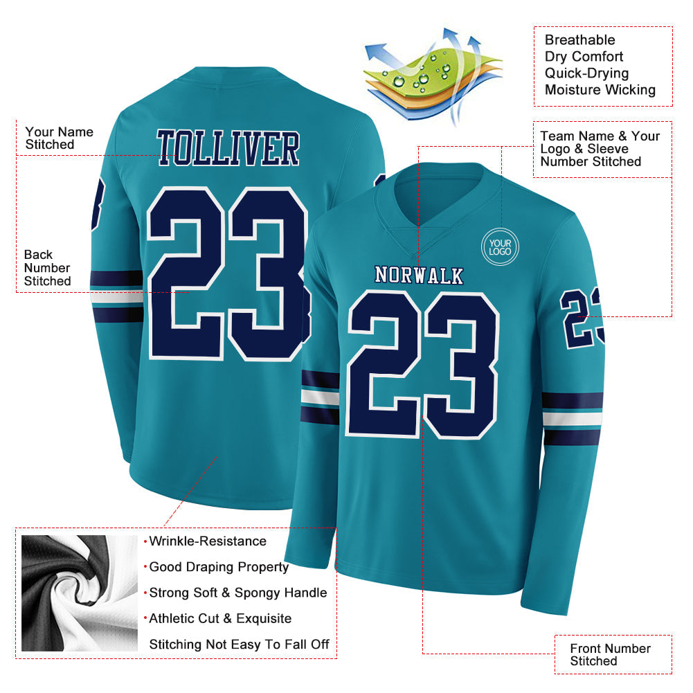 Custom Teal Navy-White Long Sleeve Authentic Football Jersey Limited