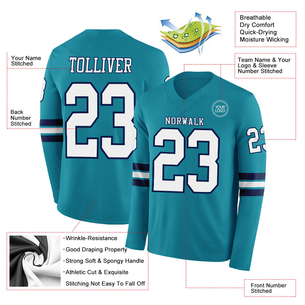 Custom Teal White-Navy Long Sleeve Authentic Football Jersey Limited
