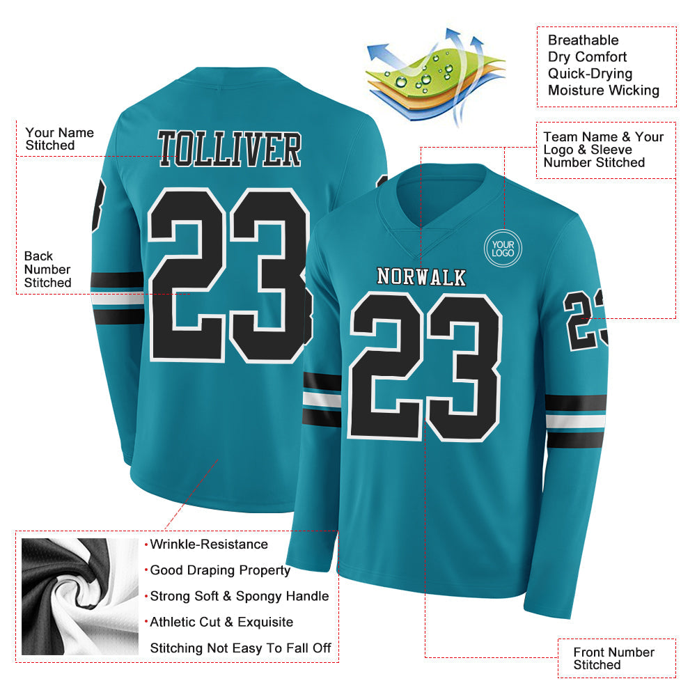 Custom Teal Black-White Long Sleeve Authentic Football Jersey Limited