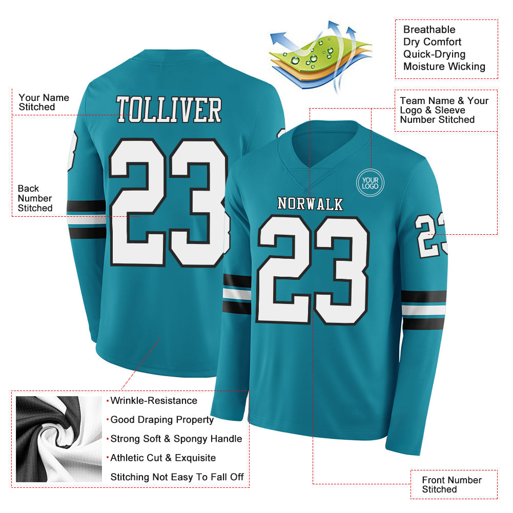 Custom Teal White-Black Long Sleeve Authentic Football Jersey Limited