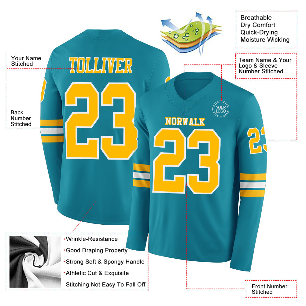 Custom Teal Gold-White Long Sleeve Authentic Football Jersey Limited