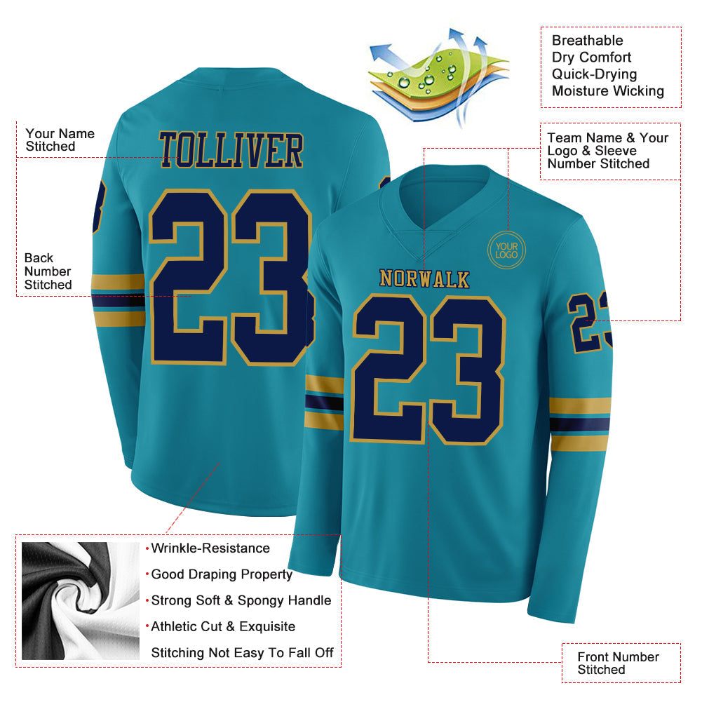 Custom Teal Navy-Old Gold Long Sleeve Authentic Football Jersey Limited