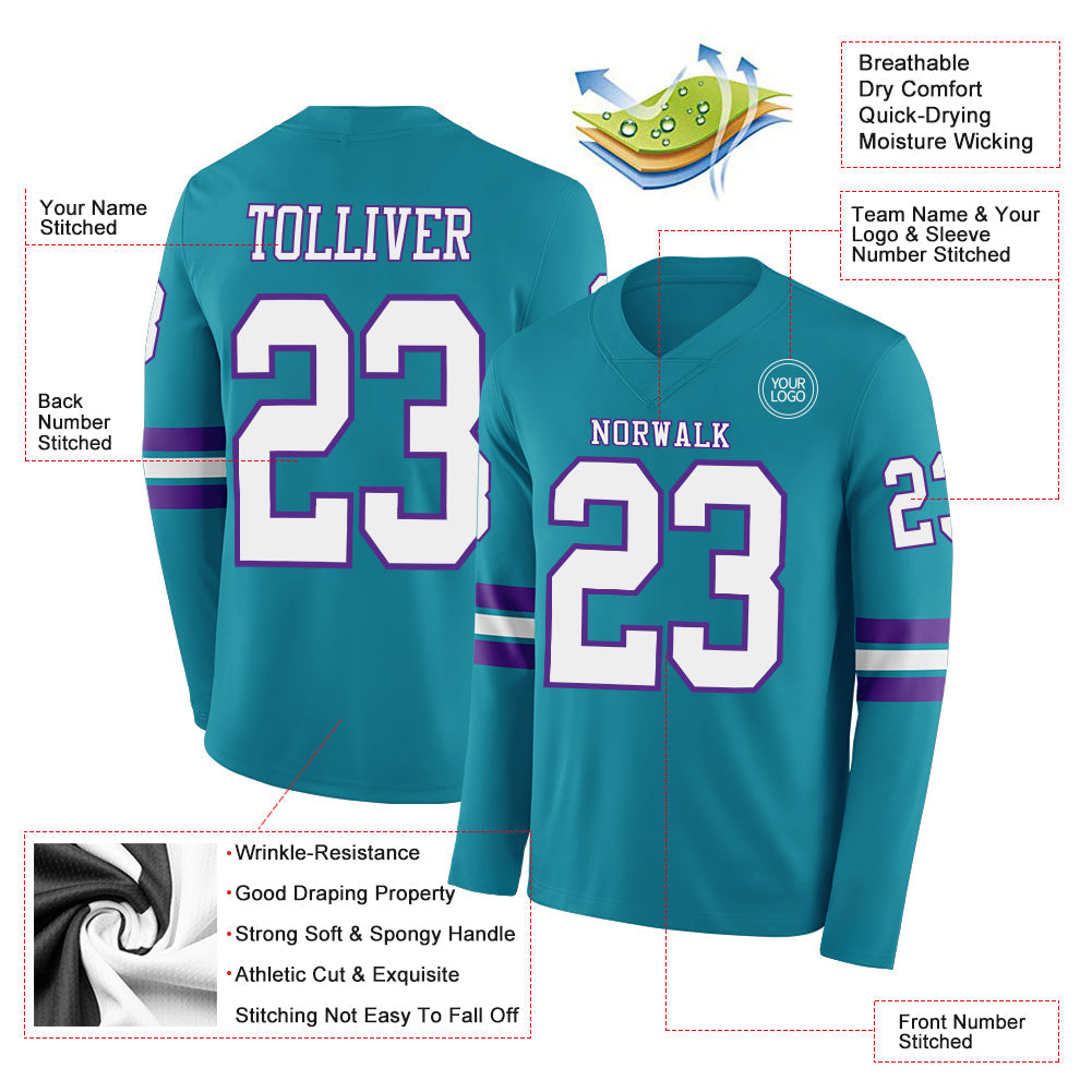 Custom Teal White-Purple Long Sleeve Authentic Football Jersey Limited