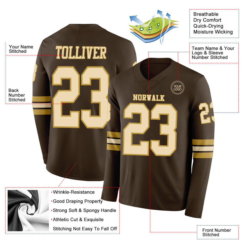 Custom Brwon Cream-Old Gold Long Sleeve Authentic Football Jersey Limited