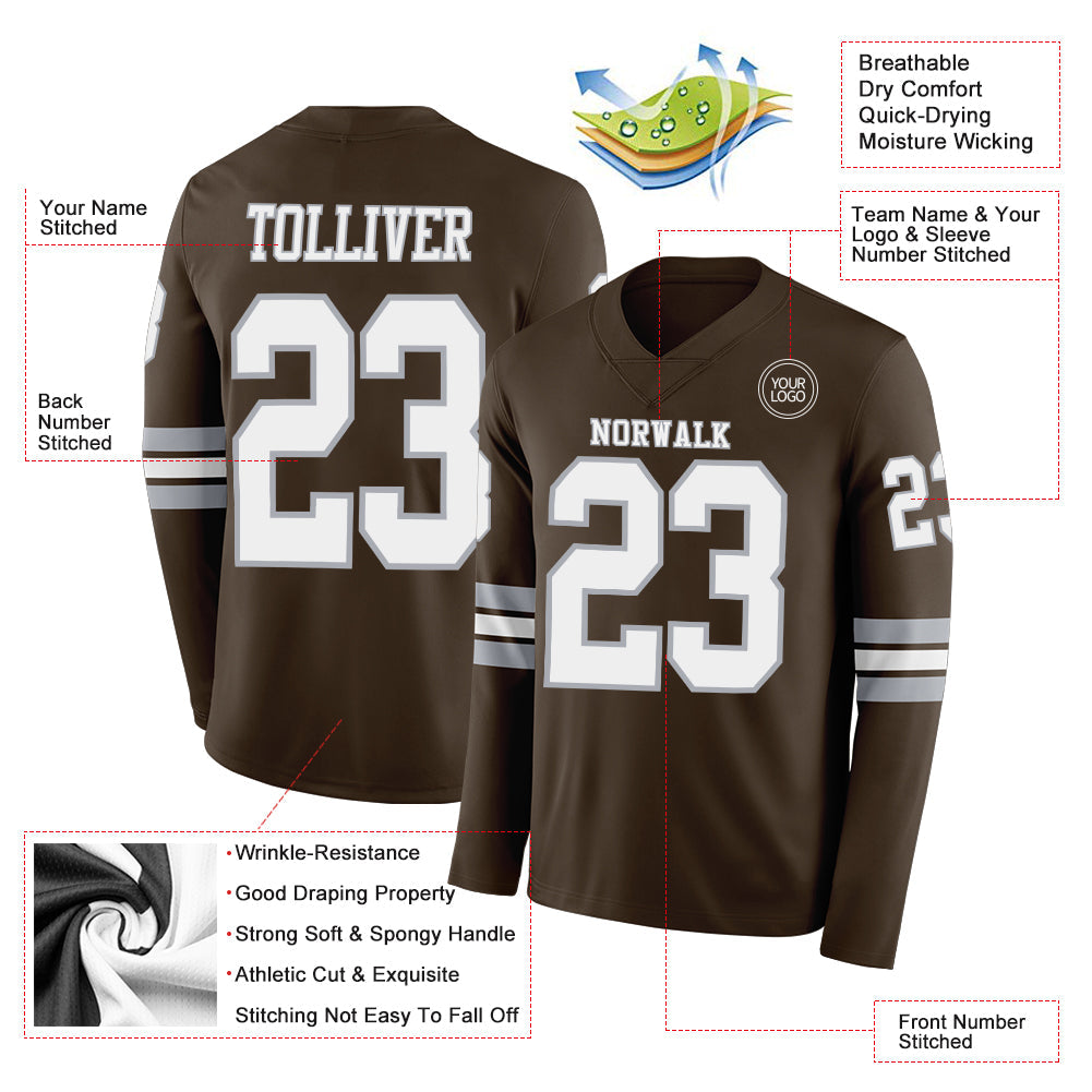 Custom Brwon White-Gray Long Sleeve Authentic Football Jersey Limited