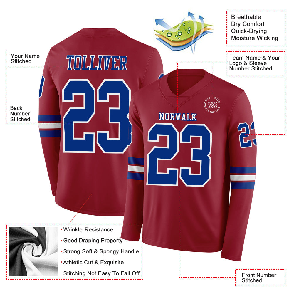 Custom Cardinal Royal-White Long Sleeve Authentic Football Jersey Limited
