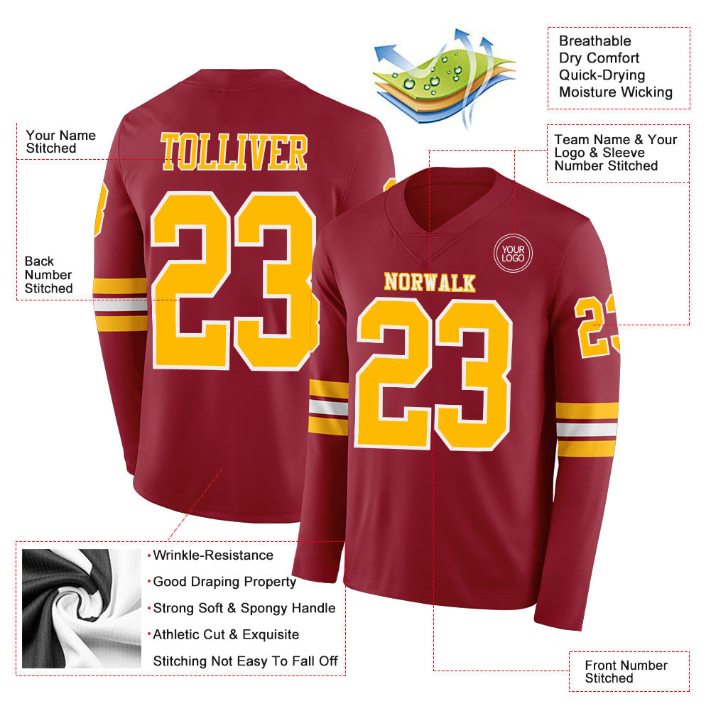 Custom Cardinal Gold-White Long Sleeve Authentic Football Jersey Limited