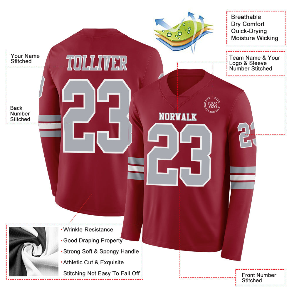 Custom Cardinal Gray-White Long Sleeve Authentic Football Jersey Limited