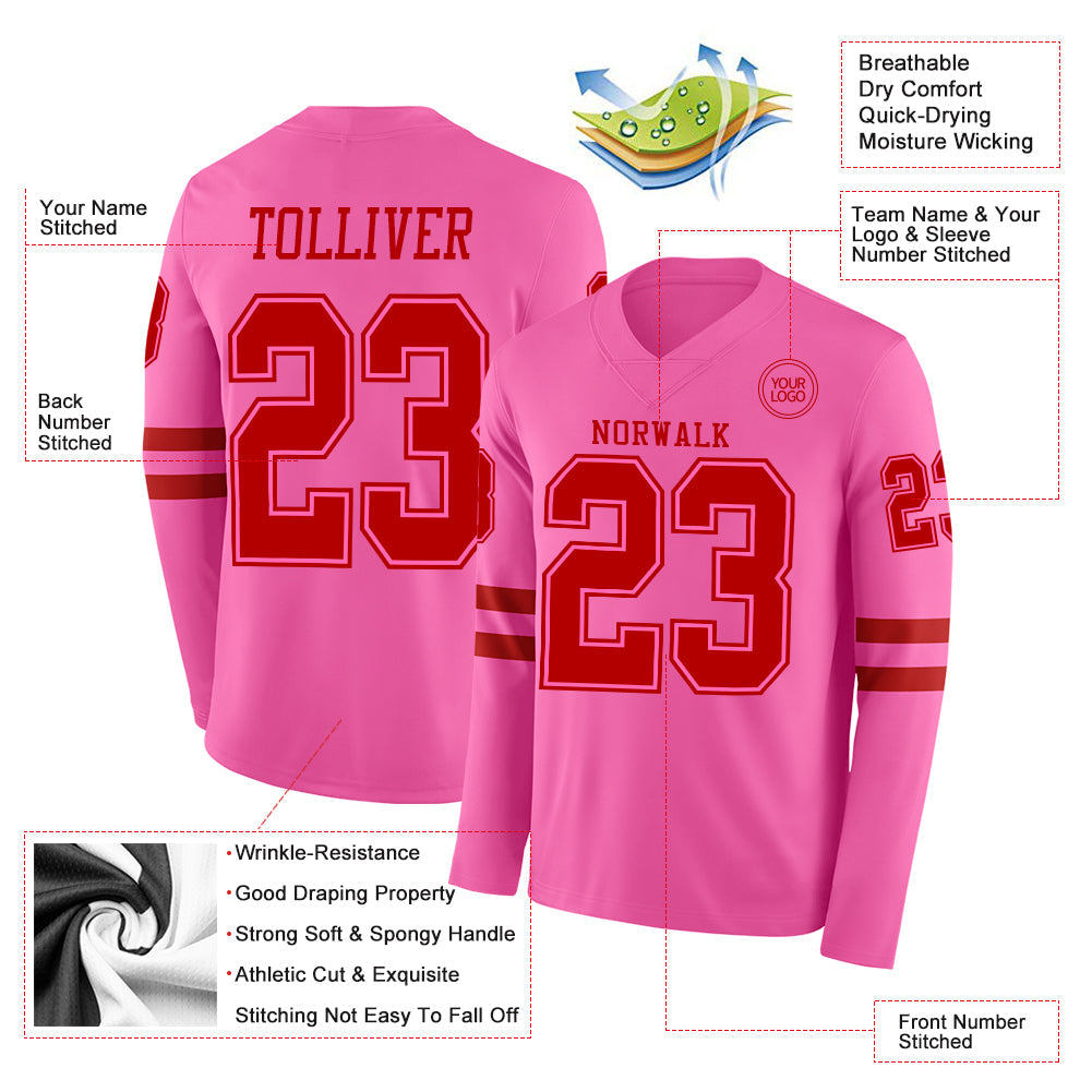 Custom Pink Red Long Sleeve Authentic Football Jersey Limited