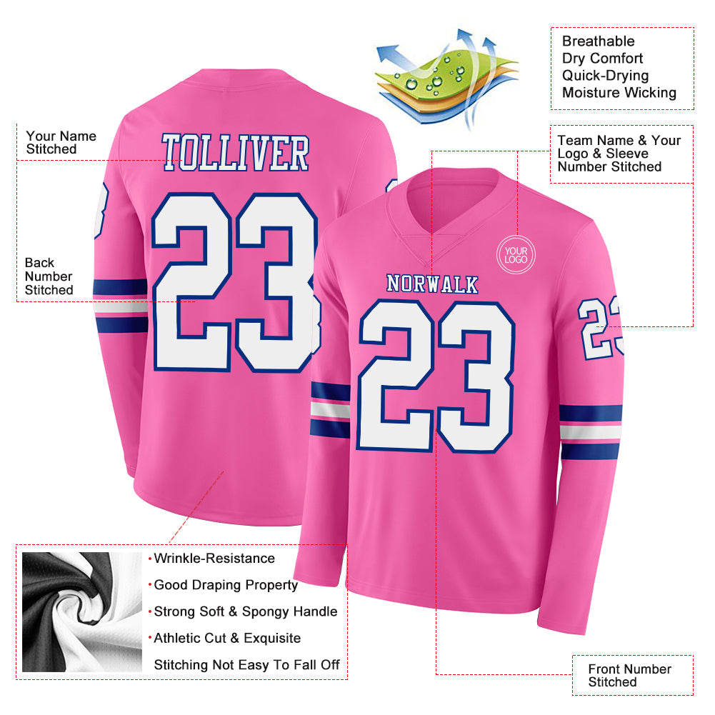 Custom Pink White-Royal Long Sleeve Authentic Football Jersey Limited