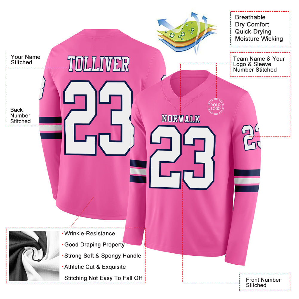 Custom Pink White-Navy Long Sleeve Authentic Football Jersey Limited