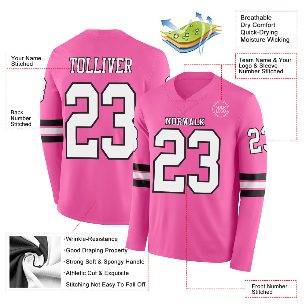 Custom Pink White-Black Long Sleeve Authentic Football Jersey Limited