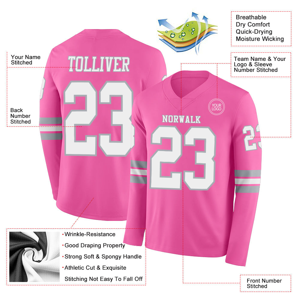 Custom Pink White-Gray Long Sleeve Authentic Football Jersey Limited