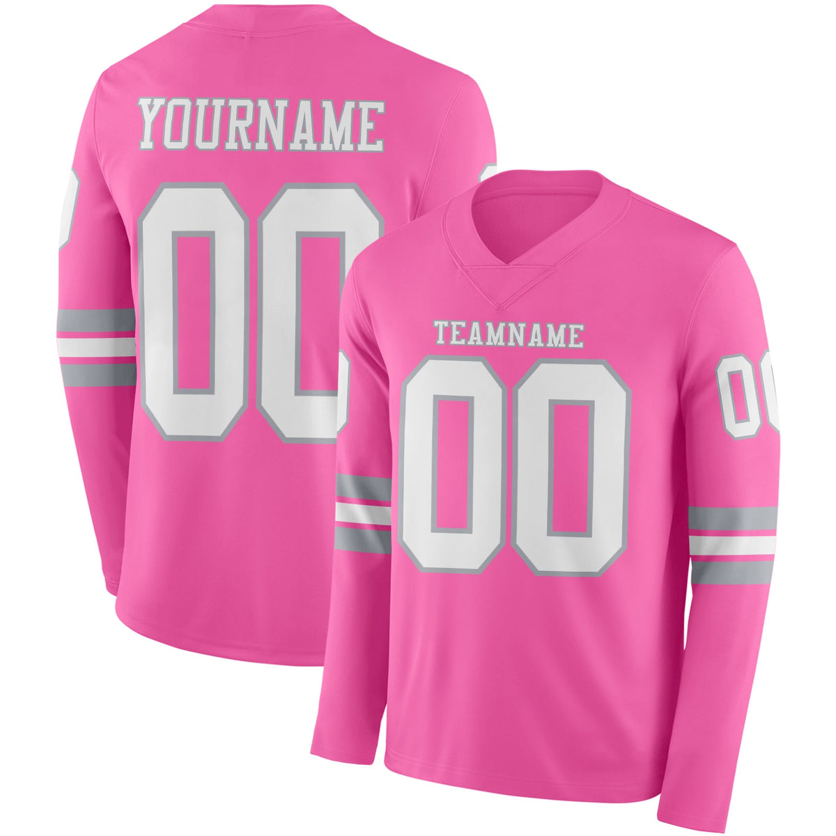Custom Pink White-Gray Long Sleeve Authentic Football Jersey