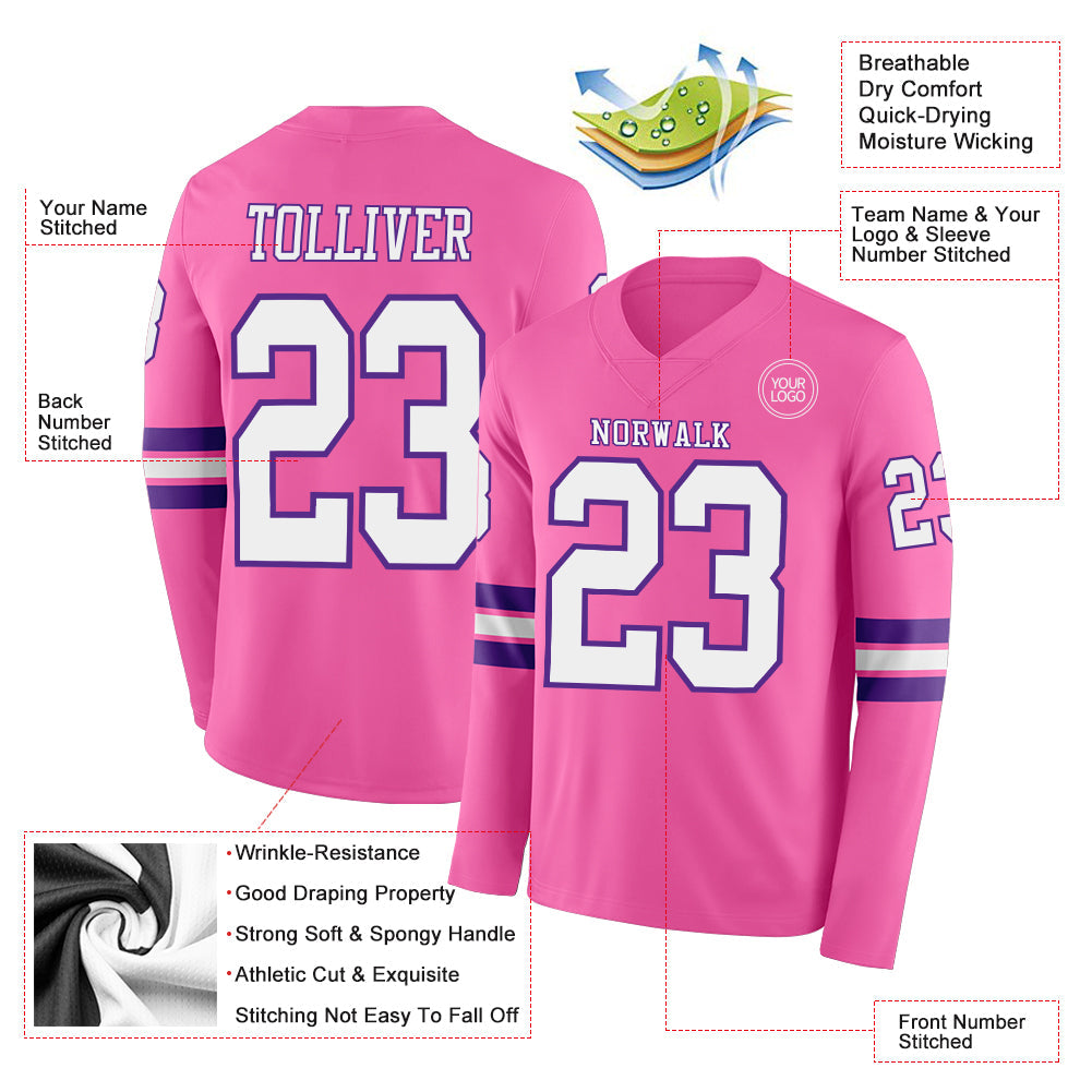 Custom Pink White-Purple Long Sleeve Authentic Football Jersey Limited