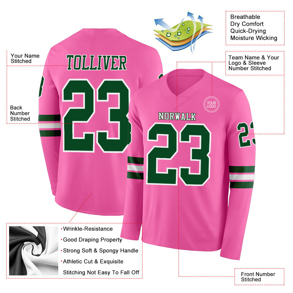 Custom Pink Green-White Long Sleeve Authentic Football Jersey Limited