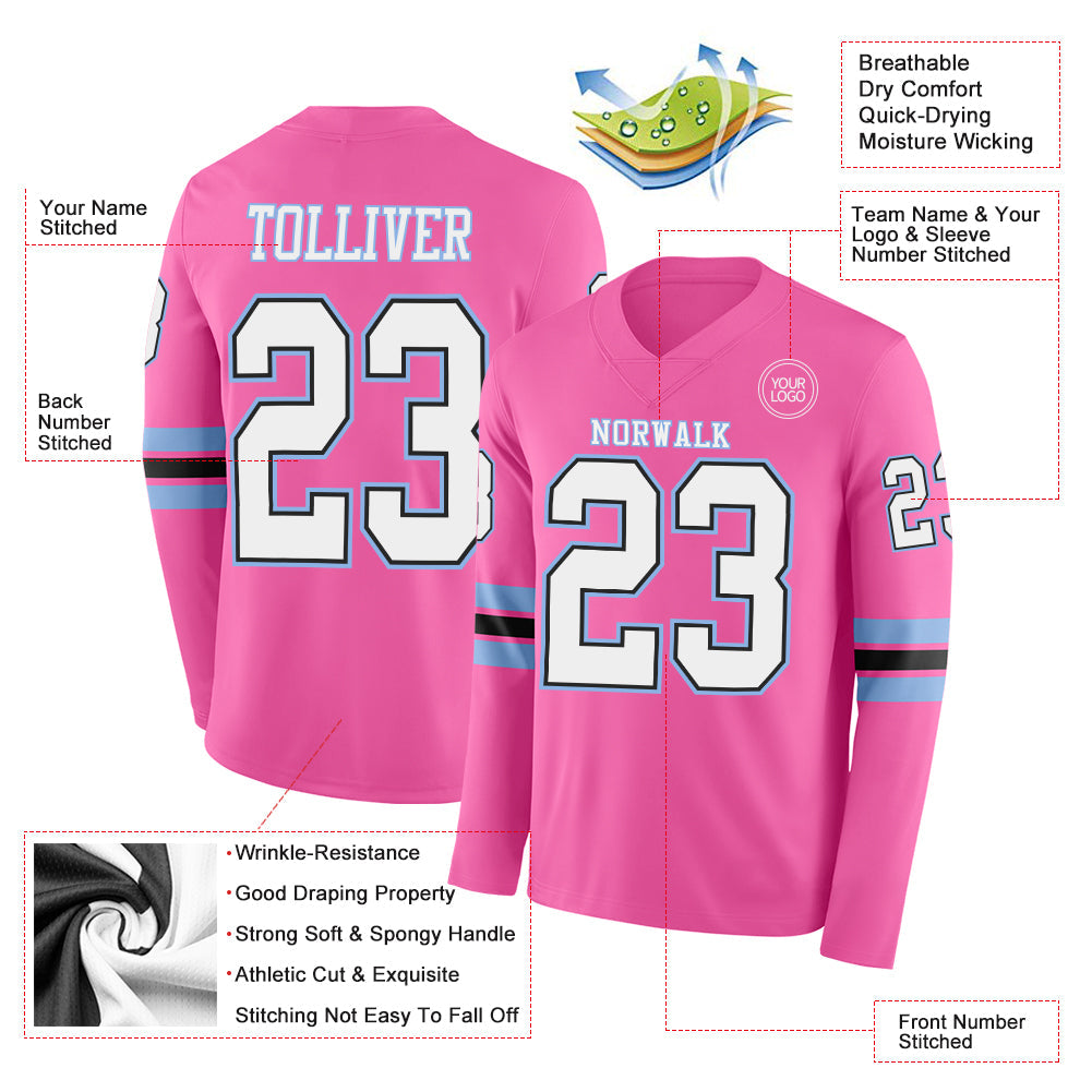 Custom Pink White Black-Light Blue Long Sleeve Authentic Football Jersey Limited