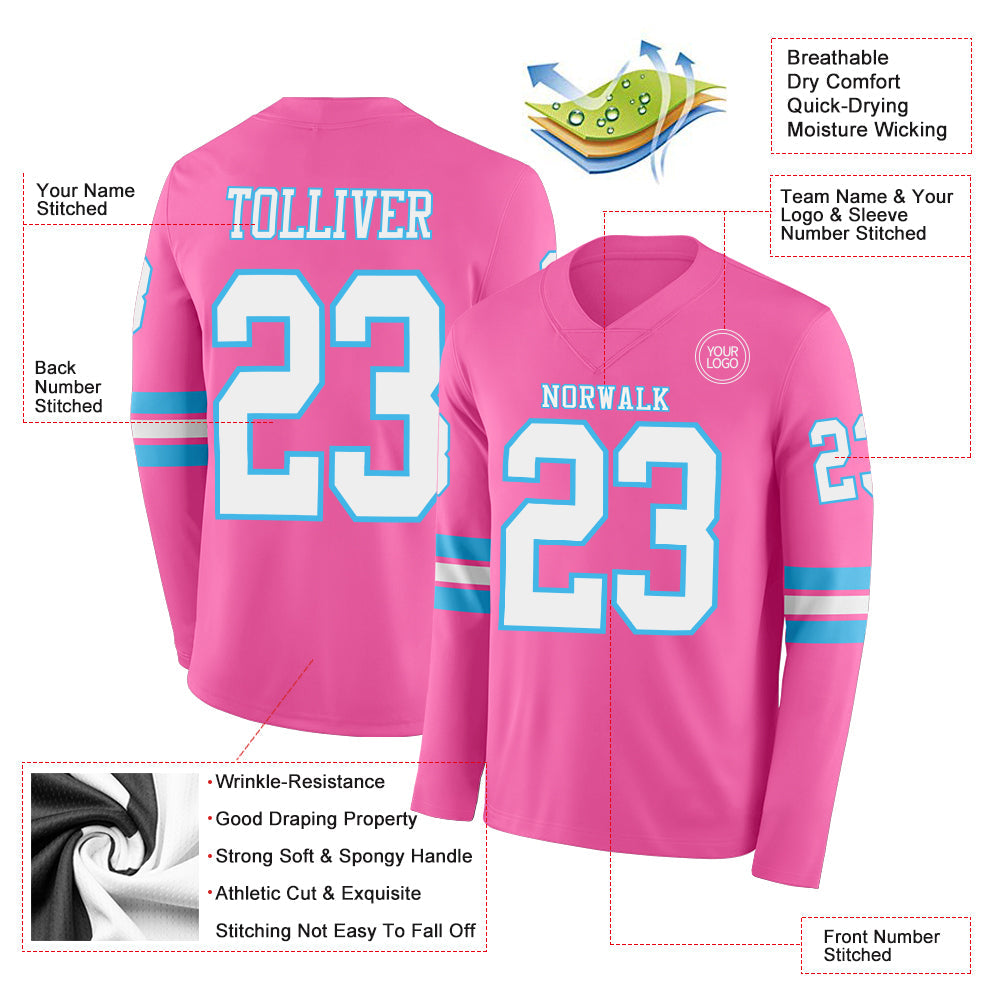 Custom Pink White-Sky Blue Long Sleeve Authentic Football Jersey Limited