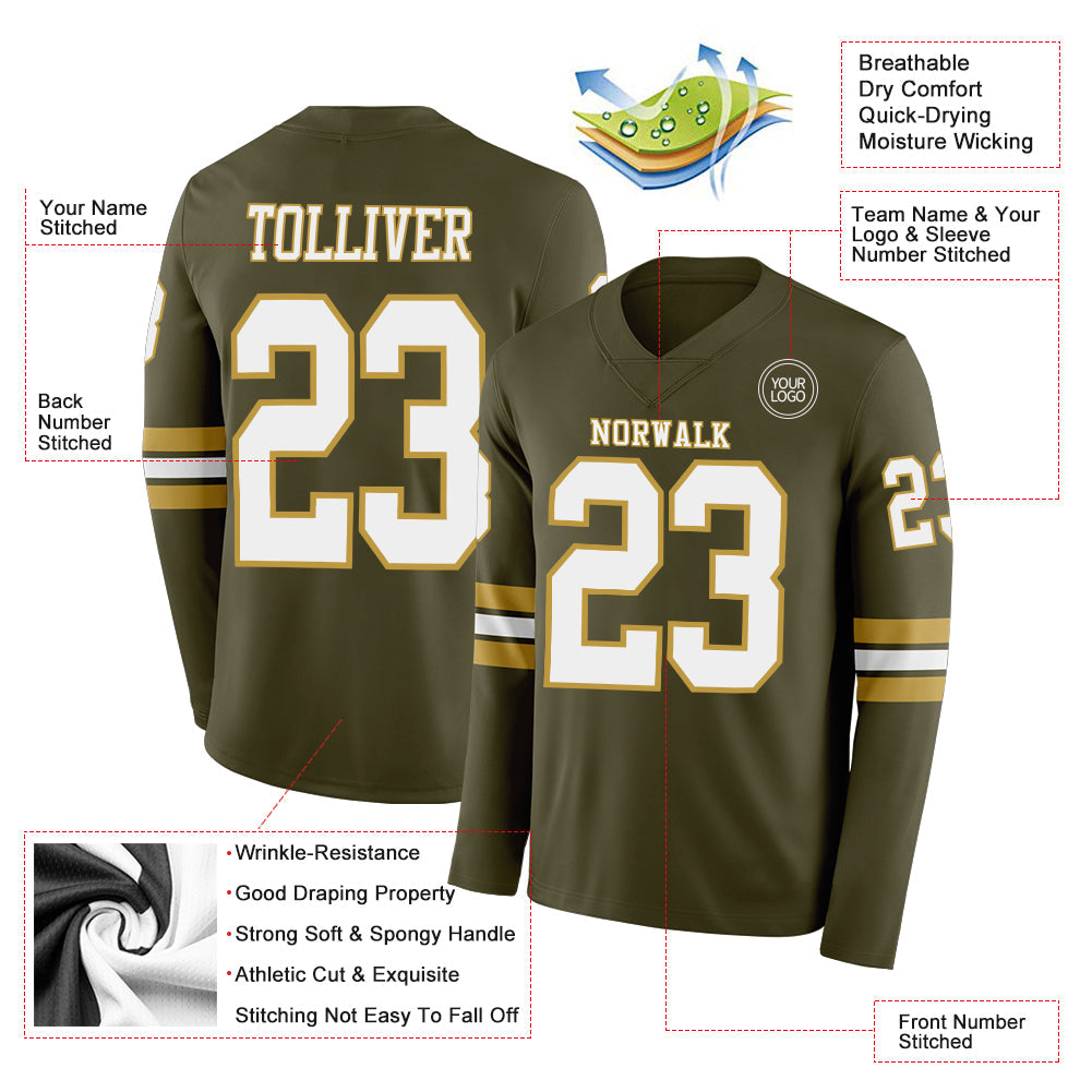 Custom Olive White-Old Gold Long Sleeve Salute To Service Authentic Football Jersey Limited