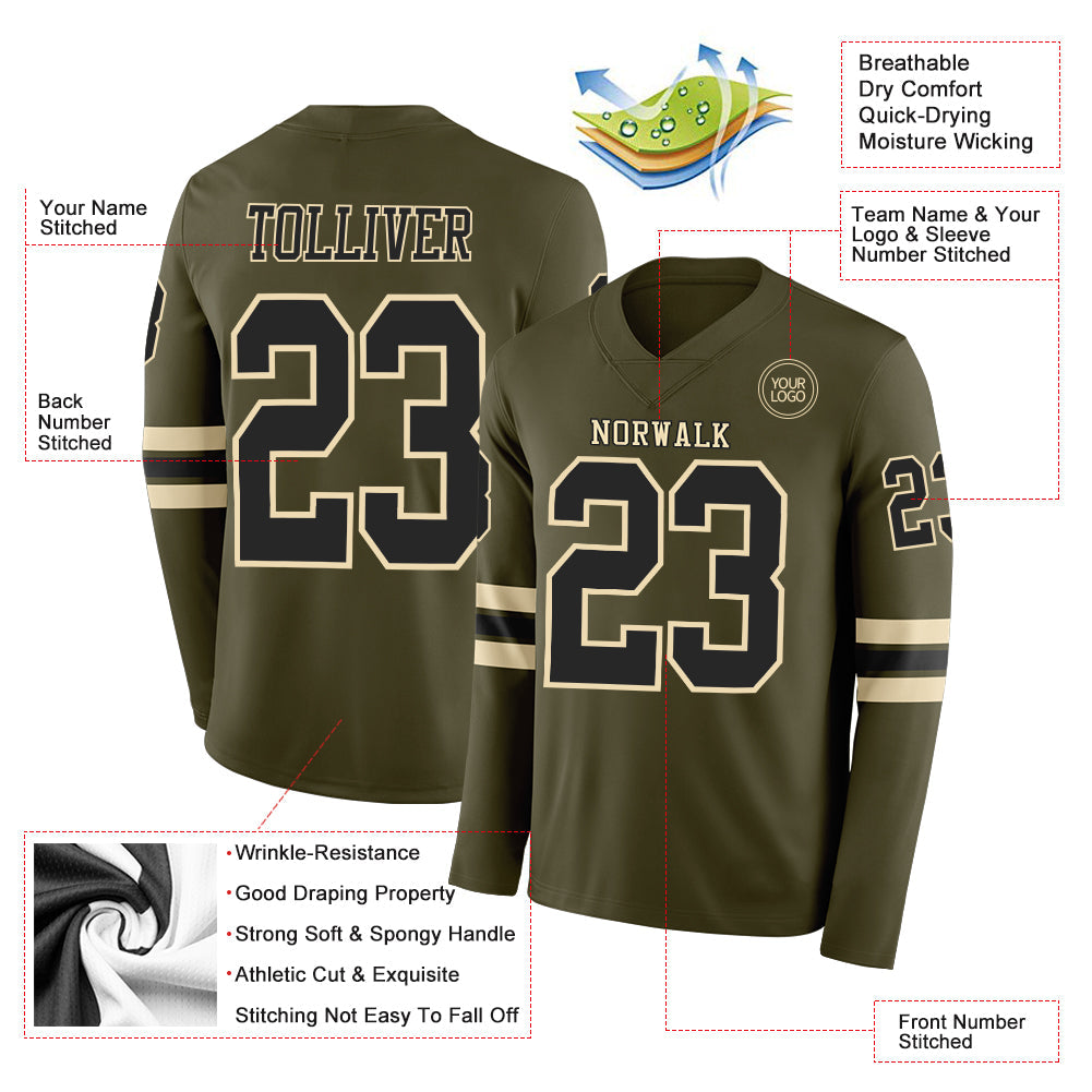 Custom Olive Black-Cream Long Sleeve Salute To Service Authentic Football Jersey Limited