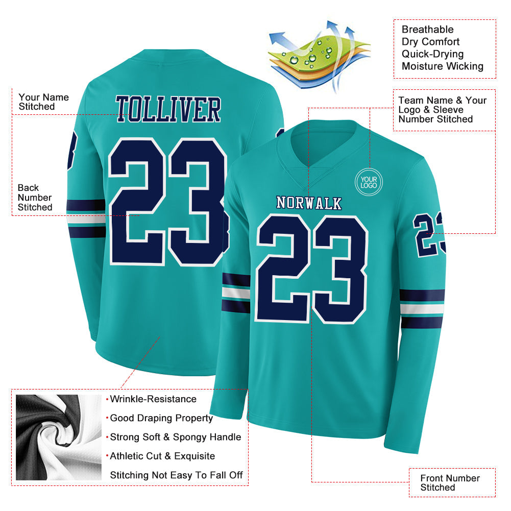Custom Aqua Navy-White Long Sleeve Authentic Football Jersey Limited