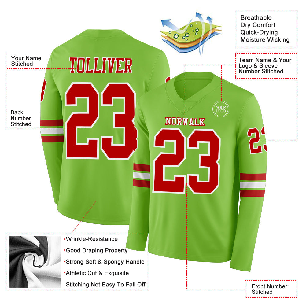 Custom Neon Green Red-White Long Sleeve Authentic Football Jersey Limited