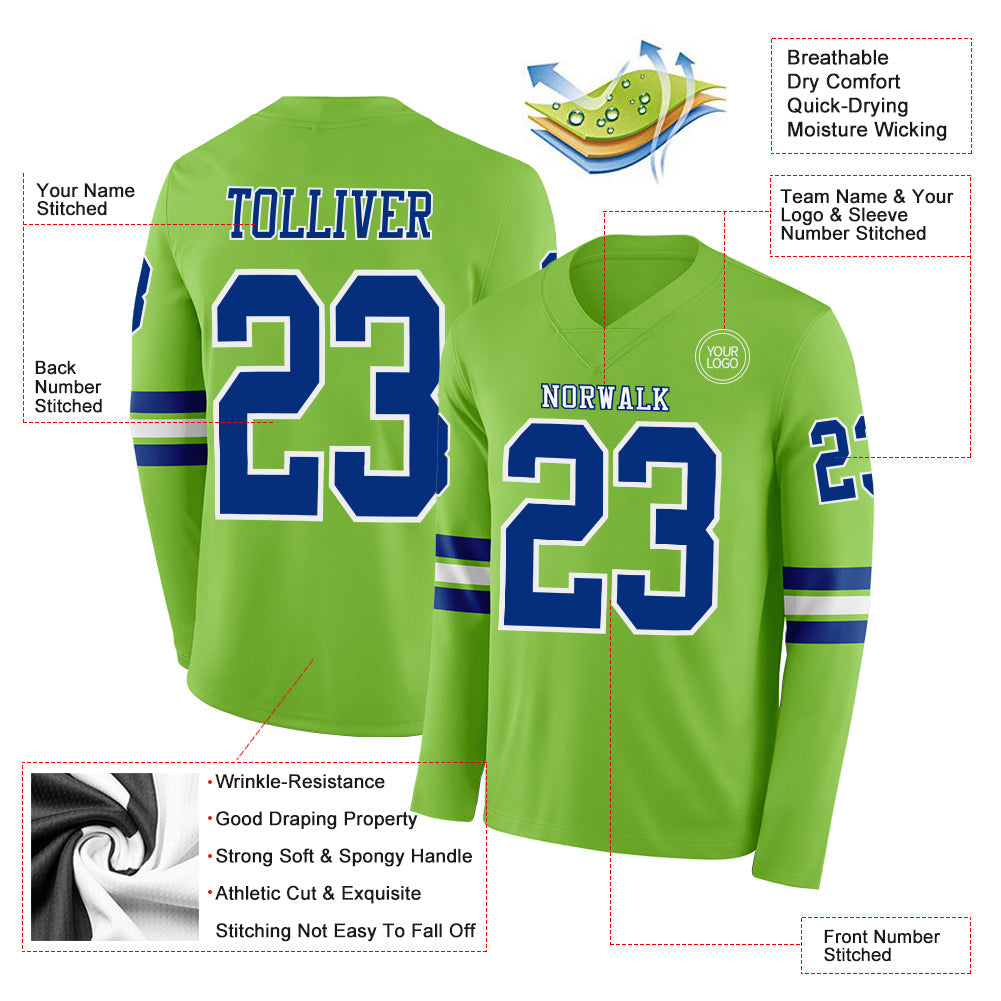 Custom Neon Green Royal-White Long Sleeve Authentic Football Jersey Limited