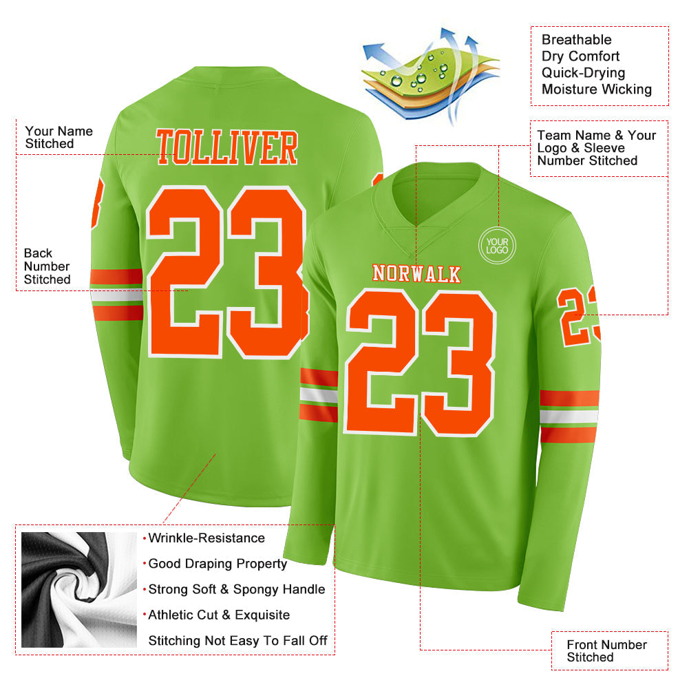 Custom Neon Green Orange-White Long Sleeve Authentic Football Jersey Limited