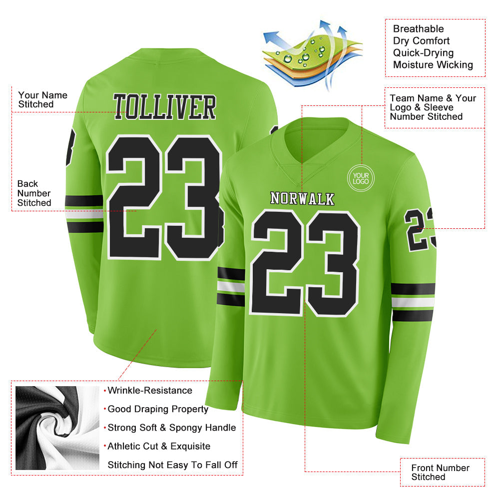 Custom Neon Green Black-White Long Sleeve Authentic Football Jersey Limited