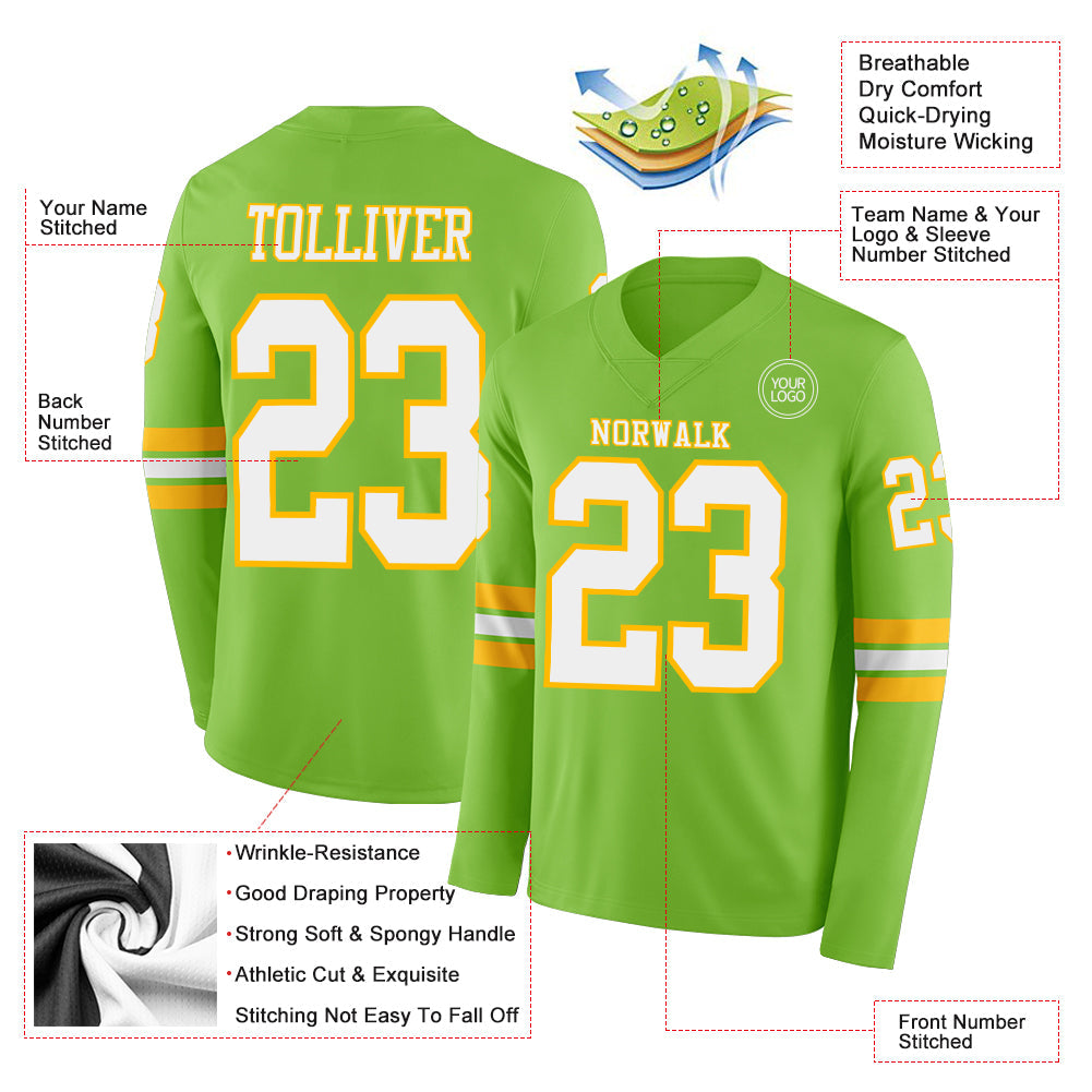 Custom Neon Green White-Gold Long Sleeve Authentic Football Jersey Limited
