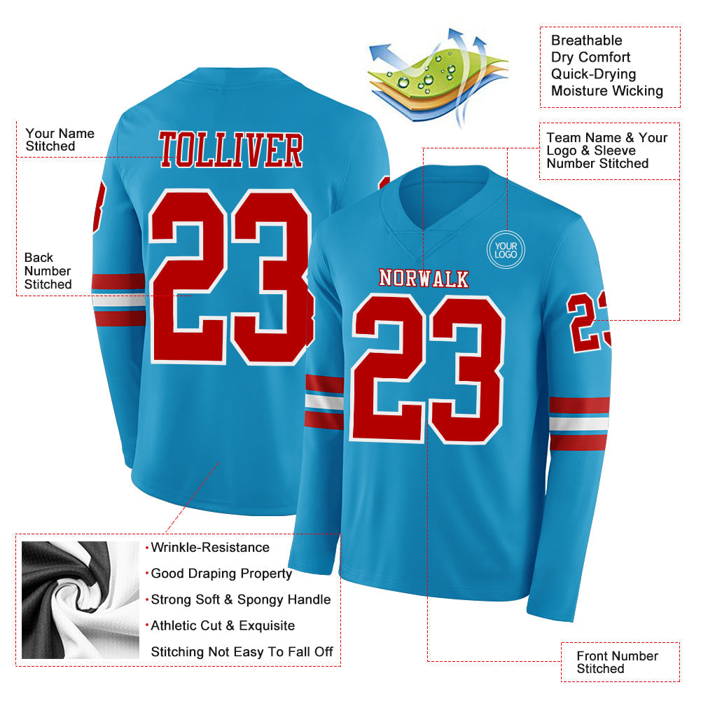 Custom Panther Blue Red-White Long Sleeve Authentic Football Jersey Limited