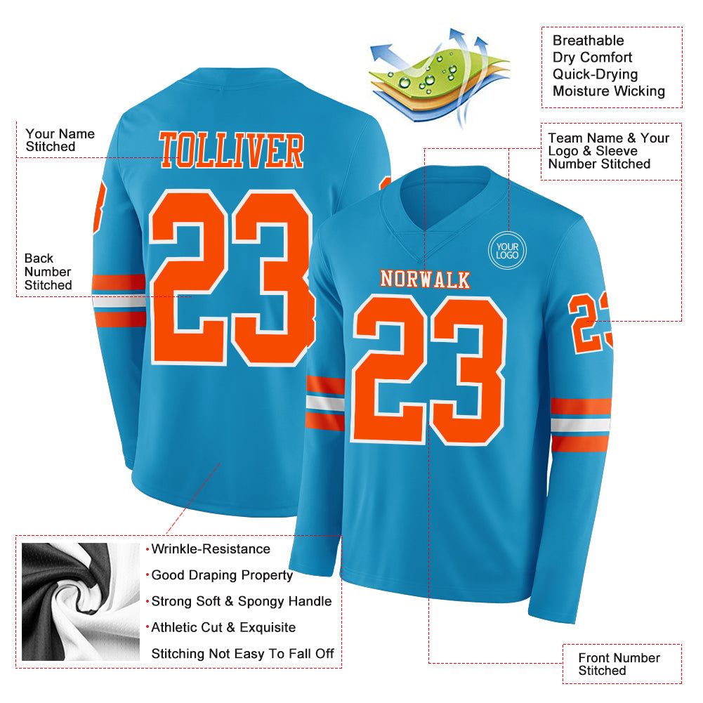 Custom Panther Blue Orange-White Long Sleeve Authentic Football Jersey Limited